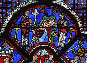 Das Fenster des barmherzigen Samariters: Ein Priester und ein Levit gehen vorbei von French School