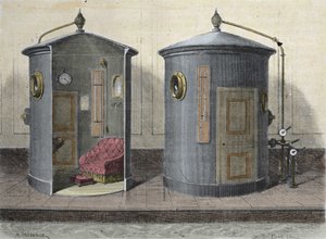 Die hyperbare Kammer von Paul Bert (1833-1887), Physiologe und französischer Politiker. Gravur von 1855.