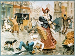 Die Eisszene auf einer Straße in Paris im Winter, ein Angestellter rutscht wegen des Eises auf dem Boden aus, ebenso wie ein Pferd, das eine Kutsche zieht, 20. Jahrhundert