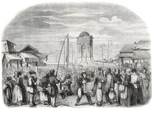 Die Unschuldigen marschieren in Paris mit dem Brunnen - Gravur in "Tableau-de-Paris" von Edmond Texier 1852 von French School