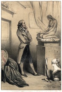 Der italienische Bildhauer Antonio Canova (1757 - 1822) vor der Skulptur „Madeleine penitente“. Platte aus „Scenes de la vie des hommes famous“ Gravur in zwei Tönen von Valerio. 1843. von French School