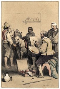 Der italienische Maler Antonio Allegri (bekannt als Correggio oder Le Correge 1489-1534), signiert ein Wirtshausschild, um seine Mahlzeit zu bezahlen. Platte aus "Szenen aus dem Leben berühmter Männer", Gravur in zwei Farben von Valerio. 1843 von French School