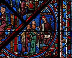 Das Joseph-Fenster: Potiphars Frau beschuldigt Joseph vor ihrem Mann und Zeugen von French School
