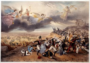 Das Jüngste Gericht. Die Engel der Apokalypse blasen die Trompeten und verkünden das Jüngste Gericht vor den Monarchen und anderen Protagonisten der französischen Geschichte. Napoleon I und Vertreter des Ancien Régime brennen in den Flammen der Hölle. Illu von French School