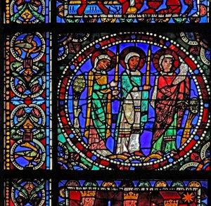 Das Leben Christi Fenster: Drei Heilige bei der Darstellung im Tempel (mit dem nächsten Panel)