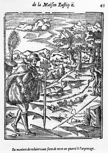 Die Art und Weise, jede Art von Boden auf das Vermessungsquadrat zu reduzieren, Illustration aus LAgriculture et Maison Rustique von Charles Estienne, Ausgabe veröffentlicht 1641 von French School