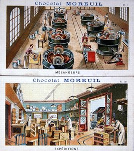 Die Herstellung und Verteilung von Schokolade, Werbebild für Schokolade Moreuil, ca. 1900