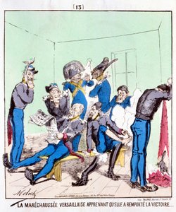 Die Maréchaussée Versailles erfährt, dass sie den Sieg errungen hat... Karikatur über die Pariser Kommune, um 1870.