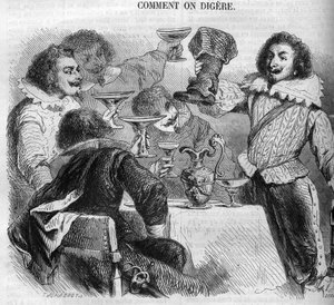 Der Marquis François de Bassompierre (1579-1646) trinkt aus seinem Kesselstiefel. Gravur von 1852. von French School