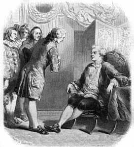 Der Marquis de Puysieulx empfängt Philippe Nericault Destouches (1680-1754) und seine Truppe reisender Komödianten. Gravur von 1858-1859