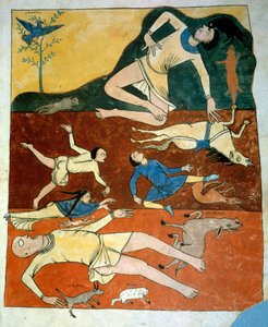 Die Miniatur der universellen Sintflut aus den Kommentaren zu „Die Apokalypse nach Johannes“ geschrieben 775 von dem Mönch Beatus von Liébana von French School