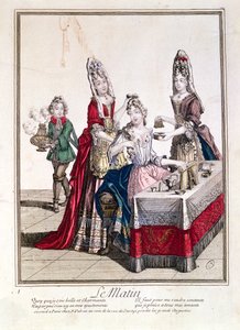 Der Morgen, Dame bei ihrer Toilette, 2. Hälfte des 17. Jahrhunderts (Farbgravur)