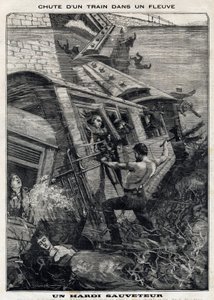 Der New York Buffalo Zug stürzt in einen Fluss in den USA: Ein Mann versucht, Passagiere vor dem Ertrinken zu retten. In Le Petit Parisien am 7.11.1897. Private Sammlung von French School