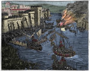 Die Normannen, angeführt von Rollo, belagern Paris im Jahr 885, Illustration aus Frankreich und die Franzosen durch die Jahrhunderte, 1884 von French School