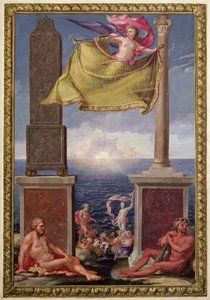 Die Säulen des Herkules, Frontispiz einer Sammlung von Karten von Katalonien und den Balearen von Pene, 1680