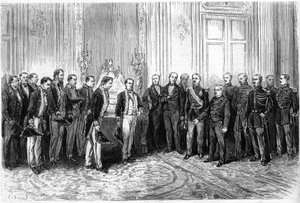 Der Präsident der Französischen Republik Adolphe Thiers (1797-1877) empfängt japanische Botschafter im Élysée-Palast. Gravur in „Le Monde Illustré“ Nr. 821 vom 4. Januar von French School