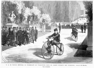 Der kaiserliche Prinz, beobachtet von seinen Eltern, dem Kaiser und der Kaiserin, zeigt seine Fähigkeiten im Radfahren auf einem Michaux-Velociped im Tuileriengarten, Paris, 1869