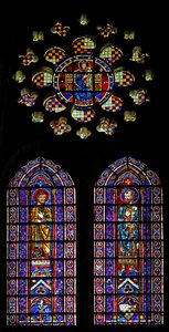 Der Prophet Hosea; eine weitere Figur, die Wappen von Mauclerc; Jungfrau und Kind oben