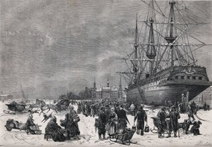 Das preußische Schiff „Teutonia“ im Hafen von Hamburg in Deutschland. Französische Soldaten wurden im Krieg von 1870 gefangen gehalten. Gravur in „Le Monde Illustré“ Nr. 743 vom 8. Juli 1871.