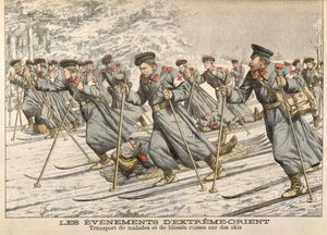 Das Rote Kreuz transportiert verletzte Russen auf Skiern während des Russisch-Japanischen Krieges (1904-05) aus Le Petit Journal, um 1904