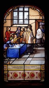 Das Revolutionstribunal von Quimper verurteilt diese Glaubensbekenner zu Haft, gefolgt von Exil und Deportation (1793-95) - Buntglasfenster der St. Germain Kirche in Kerlaz von French School