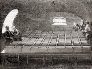 Die elektrische Batterie der Royal Institution, aus Les Merveilles de la Science, veröffentlicht 1870 von French School