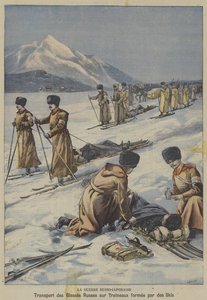 Der Russisch-Japanische Krieg: Verwundete russische Soldaten auf Schlitten aus Skiern transportiert