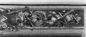 Die Jahreszeiten Wandteppich, Rand, Musikinstrumente, ca. 1670, Gobelins-Manufaktur (Detail)
