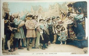 Die Lotterie des Zauberers (Standbild aus einem Pathe-Film), Postkarte aus den frühen 1920er Jahren (Farblithografie)