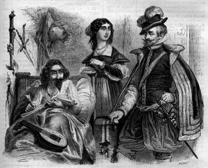 Der spanische Schriftsteller Miguel de Cervantes Saavedra (1547-1616) zu Hause im Jahr 1614 umgeben von seiner Frau und dem Grafen von Lemos. Gravur von 1852.