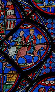 Das St. Thomas Fenster: Der König von Indien geht auf die Falkenjagd von French School
