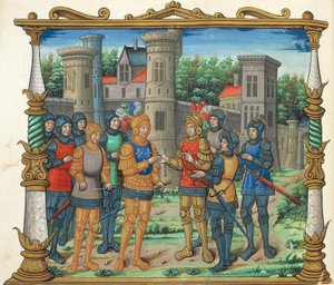 Der Vertrag von Conflans (Frieden von Conflans) zwischen Ludwig XI. und dem Herzog von Burgund, Miniatur aus den Memoiren von Philippe de Commines, Manuskript Folio 32 verso, Frankreich 16. Jahrhundert