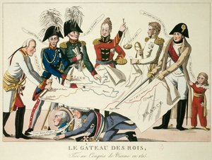 Der Wiener Kongress am 22.06.1815: der Kuchen der Könige. Es vereinte die acht Weltmächte und versuchte, die Grenzen nach dem Fall des Reiches von Napoleon I. neu zu definieren. Alexander I., Zar von Russland; H.R. Stewart, Castlereagh; Franz Joseph I., Ka