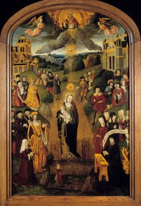 Die Jungfrau mit Weizen König Ludwig XII. (1462-1515) und Papst Alexander VI. (1431-1503) sind anwesend. Allmächtiger Gott hält die Weltkugel und segnet die Szene, während der Heilige Geist die Jungfrau und das Kind beschützt von French School