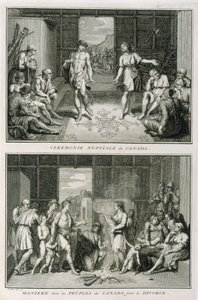 Die Hochzeitszeremonie und die Art der Scheidung in Kanada, Illustration aus Religiöse Zeremonien und Bräuche, graviert von Bernard Picart (1673-1733) 1723