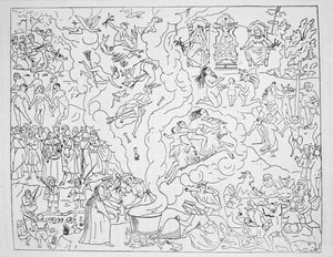 Der Hexensabbat, Kopie einer Illustration aus Tableau de linconstance des mauvais anges von Pierre de Lancre, Paris 1612, verwendet in einer Geschichte der Magie, veröffentlicht Ende des 19. Jahrhunderts