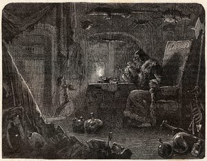 Der Alchemist, der versprach, Gold zu machen, arbeitet in seinem Labor: der Alchemist im 17. Jahrhundert - in „Paris a travers les siecles“ von Nicolas Jules Henri Gourdon de Genouillac