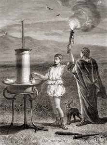 Das antike griechische hydraulische Semaphor-System, das von Aeneas im 4. Jahrhundert v. Chr. verwendet wurde, um eine Nachricht zu senden, aus Les Merveilles de la Science, veröffentlicht um 1870 (Gravur) von French School