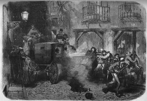 Die Ermordung von Juan Prim y Prats (1814-1870), spanischer General und Politiker, beim Verlassen der Cortes, in der Straße del Turco in Madrid am 28. Dezember 1870. Gravur in „Le Monde Illustré“ Nr. 724 vom 25. Februar 1871.