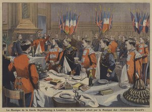 Die Kapelle der französischen Republikanischen Garde bei einem Bankett, das von der Kapelle der Coldstream Guards in London veranstaltet wurde (Farblithografie)