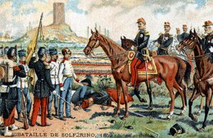 Die Schlacht von Solferino (Italien) zwischen den französisch-sardischen (Siegern) und österreichischen (Besiegten) Armeen im Jahr 1859. Chromolithographie des 19. Jahrhunderts