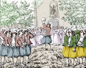 Der Beginn eines Soule-Spiels (Fußball) in der Bretagne Mitte des 19. Jahrhunderts.