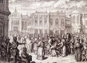Die Geburt der Päpstin Johanna - in „Geschichte der Päpstin Johanna“ von M. de Spanheim, Den Haag