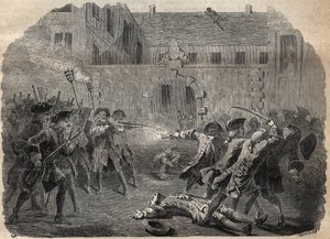 Der Bandit Louis Dominique Garthausen genannt Cartouche (1693-1721) und seine Gefährten, die das Hotel Desmaretz in Paris ausrauben wollen, werden überrascht und von den Bogenschützen angegriffen. Nach einem heftigen Kampf fliehen sie über die Dächer - Fra