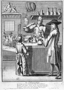 Der Wirt bereitet die Weinkaraffe vor - Gravur von French School