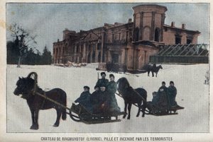 Die Burg von Ringmundtof, Livland, geplündert und in Brand gesetzt von russischen anarchistischen Revolutionären. Russland von French School
