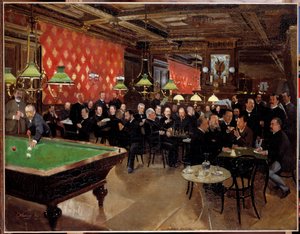 Der Kreis der republikanischen Union: Mitglieder der republikanischen Union treffen sich im Café, um zu plaudern und Billard zu spielen zur Zeit der 3. Republik. Anonymes Gemälde