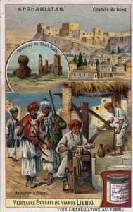 Die Stadt und die Rüstungsmacher der Stadt Herat in Afghanistan und das Grab von Shah Rukh. Chromolithographie aus dem 19. Jahrhundert. von French School