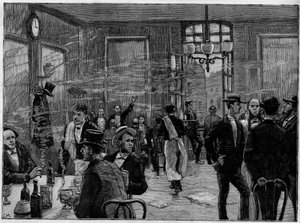 Die Kaffeejungen in einem Etablissement in der Rue Montmartre in Paris. In „Le Monde Illustré“ 1886. von French School