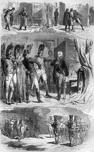 Die Verschwörung von Claude François de Malet (Claude-François Malet) (1754-1812), General des Kaiserreichs, Autor des Staatsstreichs von 1812 gegen Napoleon während des russischen Rückzugs. Gravur in „Geschichte der Päpste-Könige-Königinnen und Kaiser dur